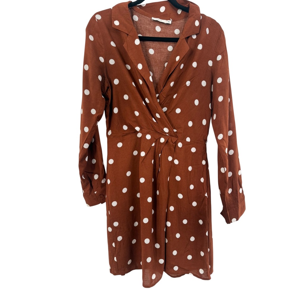 Lush Medium Brown Polka Dot Wrap Dress Rayon Long Sleeve Collared Mini Boho